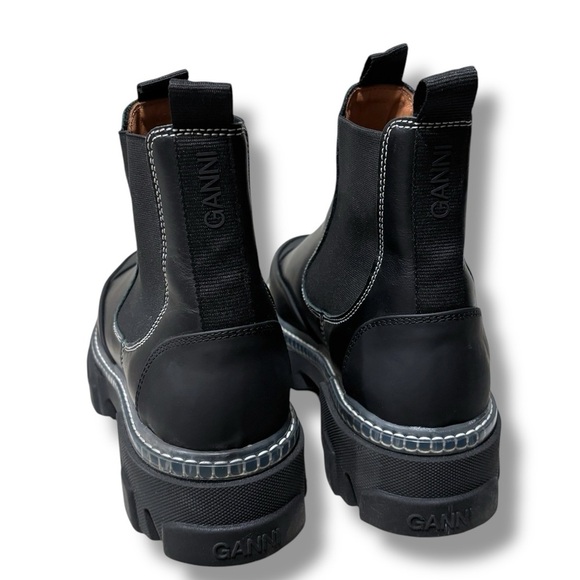 GANNI Cleated Mid Black Leather Lug Sole Chunky Pull on Chelsea Boots Size 12 - Picture 7 of 16